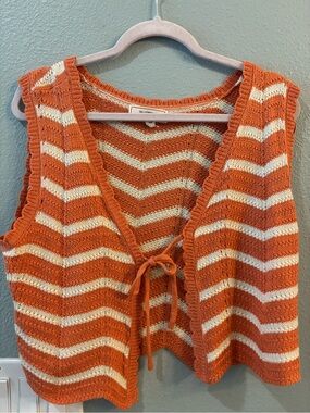 Striped Knit Tie-Front Vest in Orange & Cream